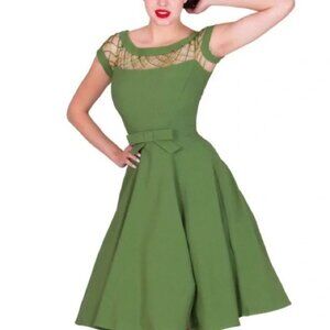 Green Fit and Flare Swing Cocktail Dress Bow Lattice